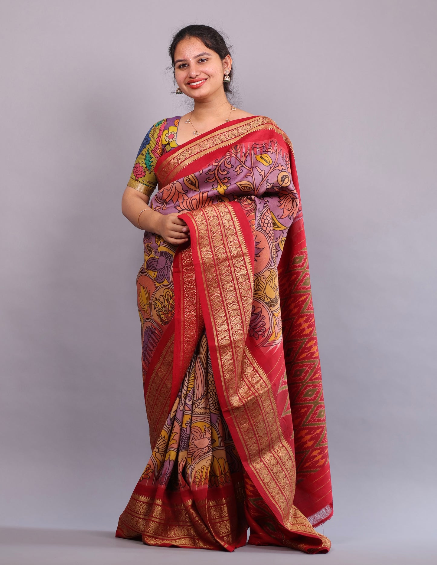 Lavender Kanchi Pattu Hand Painted Pen Kalamkari Saree