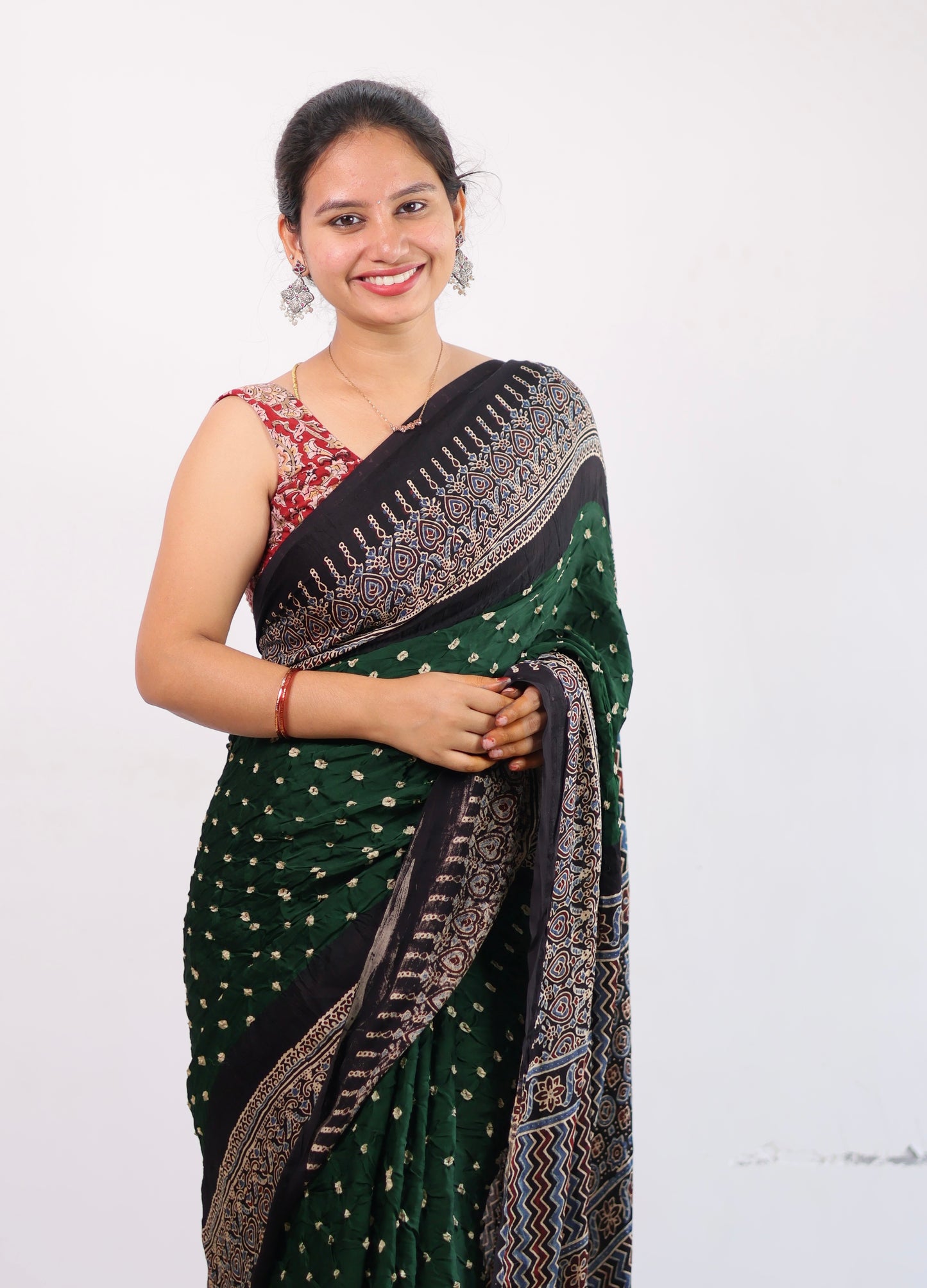 Green Ajrakh Bandhej Modal Silk Saree