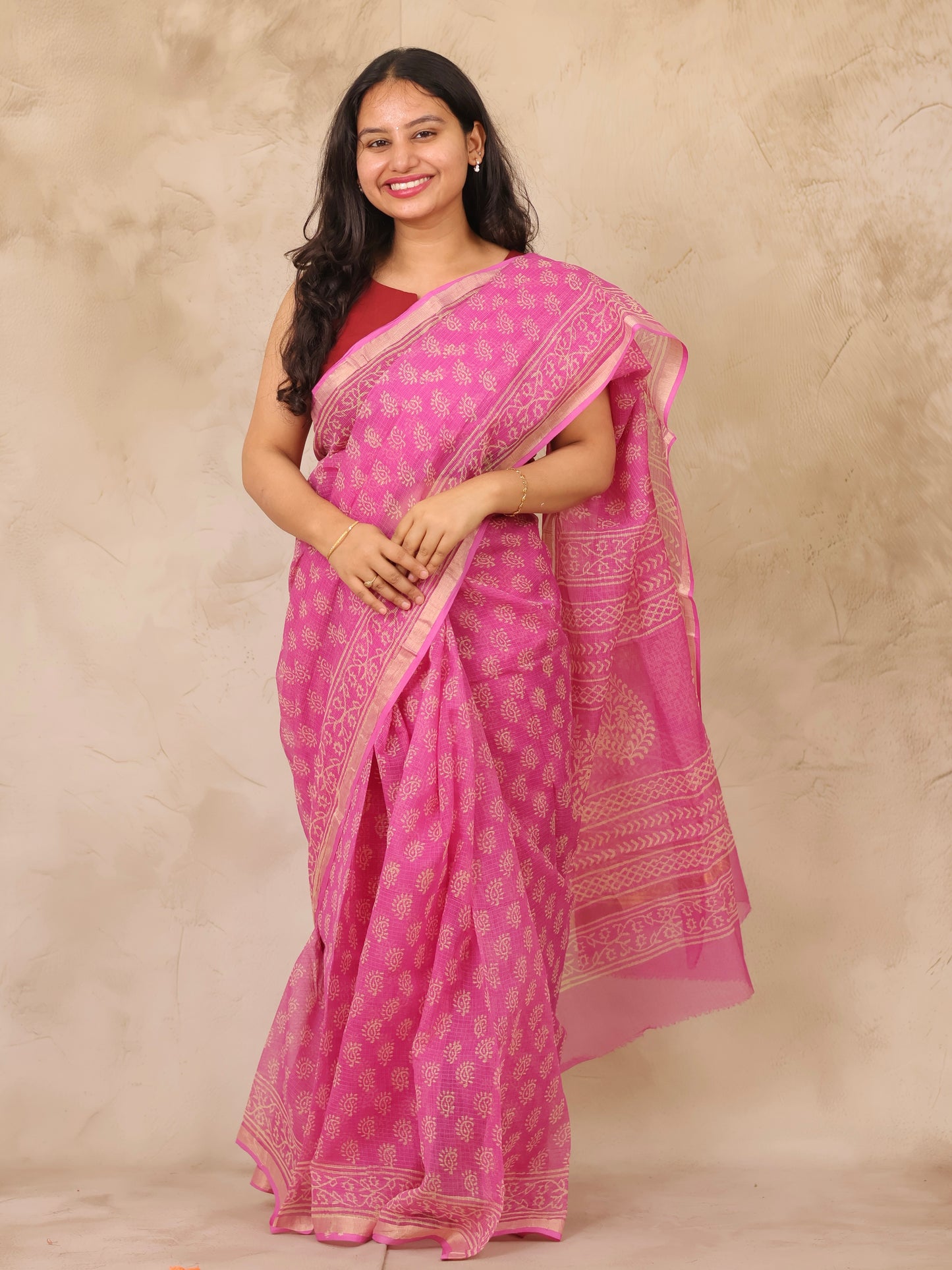 Pink Pure Kota Doria Saree with Bagru Handblock Prints | Looms & Tassels
