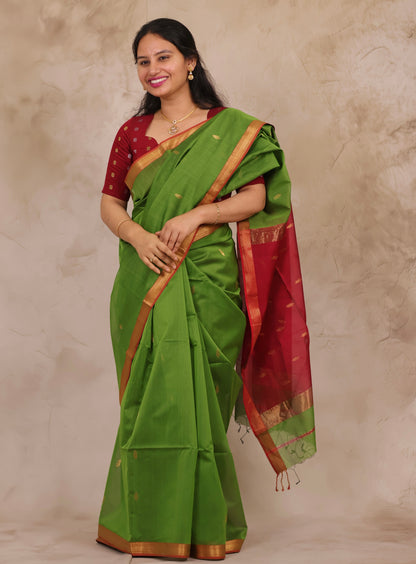 Green & Red Handloom Maheswari Silk Cotton Sarees | Looms & Tassels