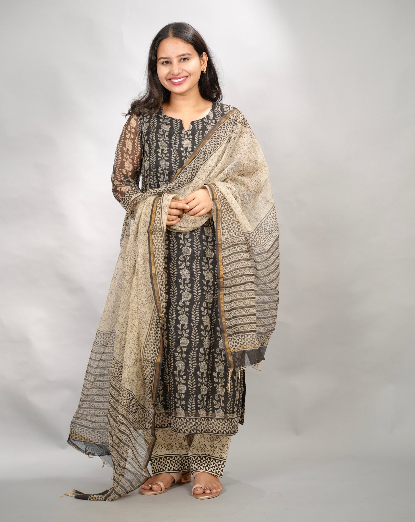 Black Handblock printed kota 3 piece suit (stitched)