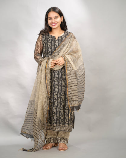 Black Handblock printed kota 3 piece suit (stitched)