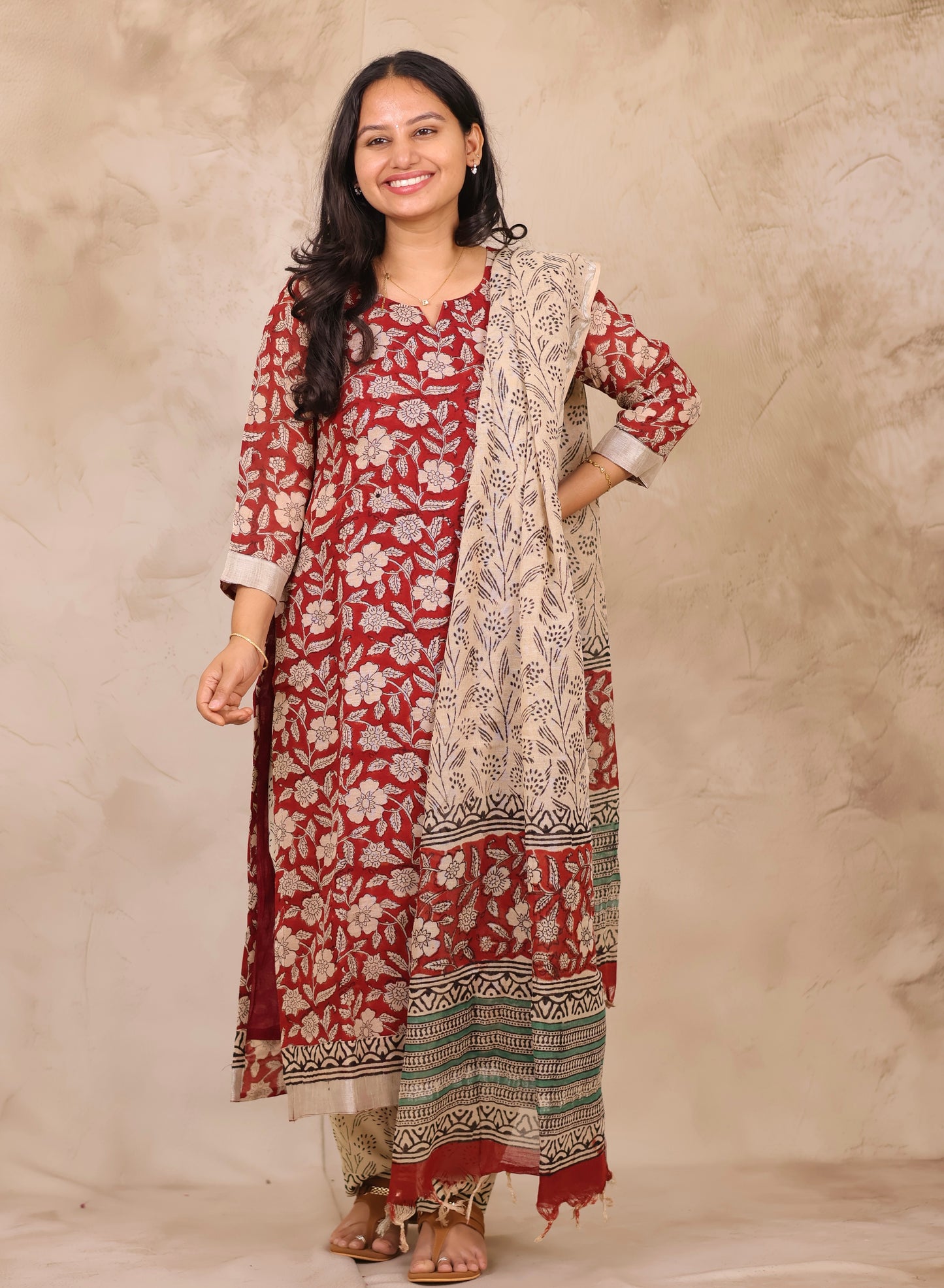 Maroon Linen Cotton Handblock printed 3 piece suit (stitched)