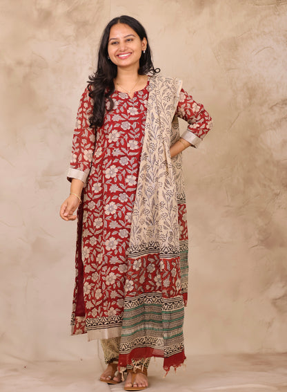 Maroon Linen Cotton Handblock printed 3 piece suit (stitched)