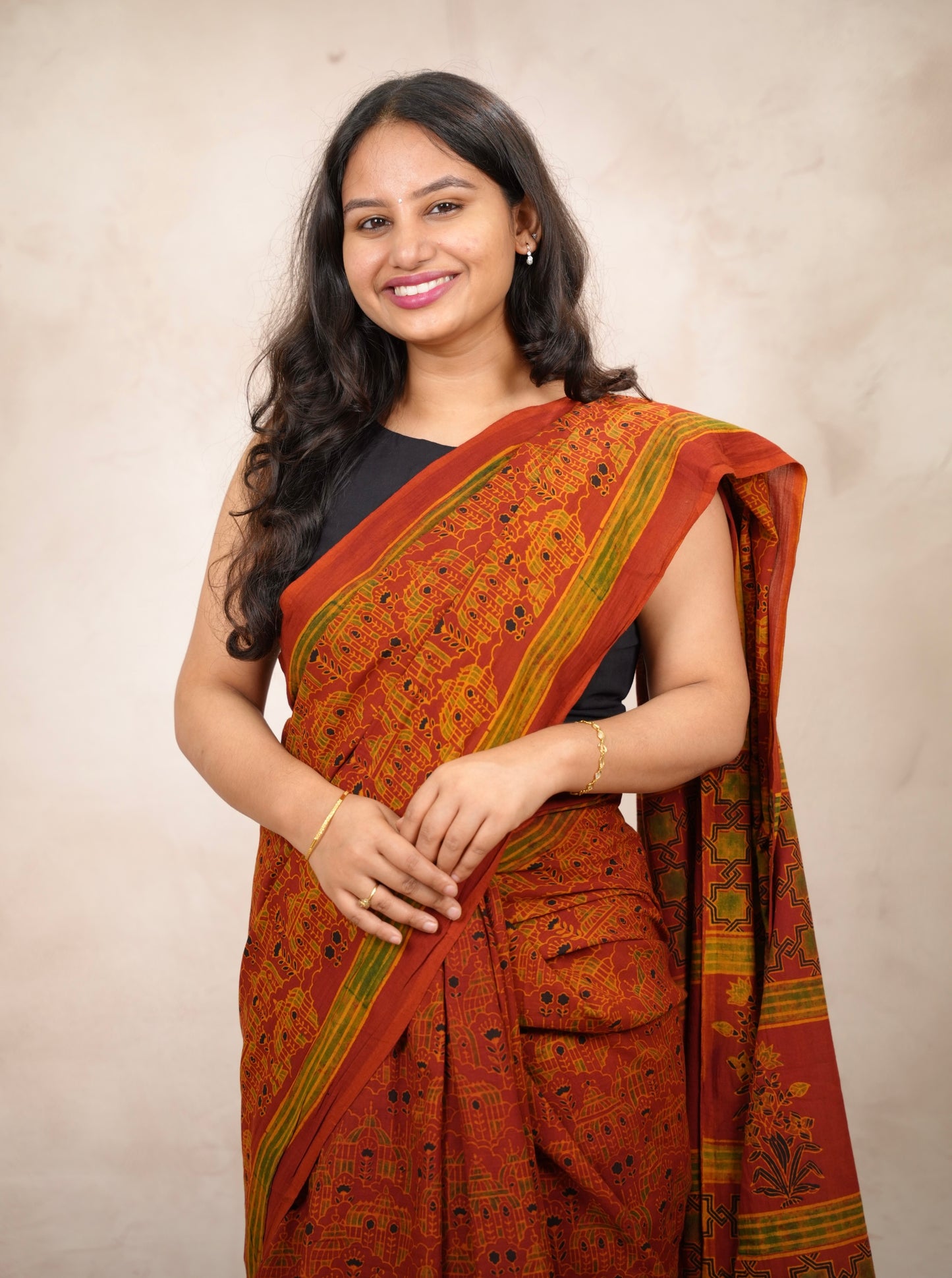 Ajrakh Hand Block Printed Cotton Saree | Looms & Tassels