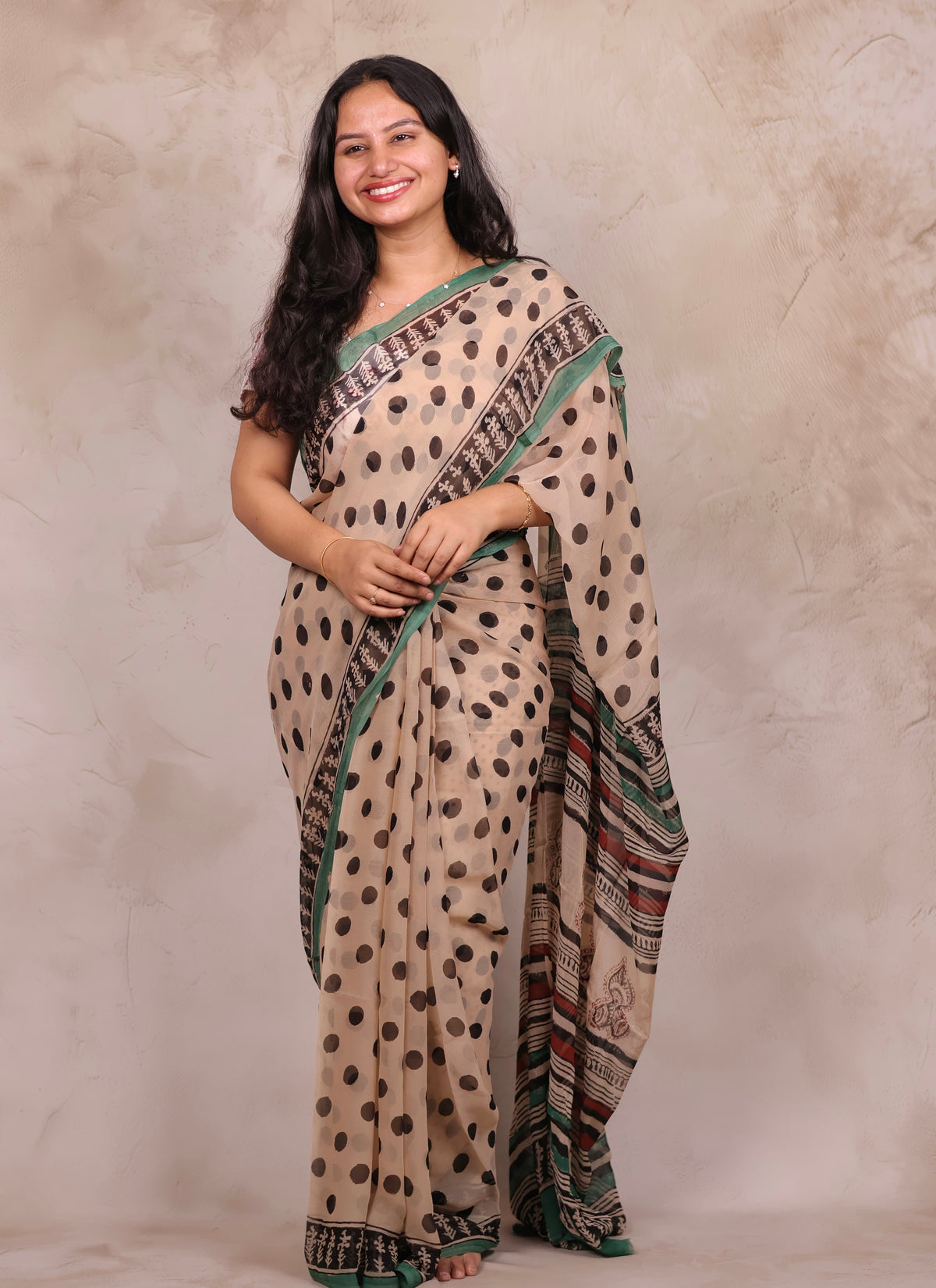 Cream Chiffon Hand Block Printed Saree | Looms & Tassels