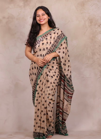 Cream Chiffon Hand Block Printed Saree | Looms & Tassels