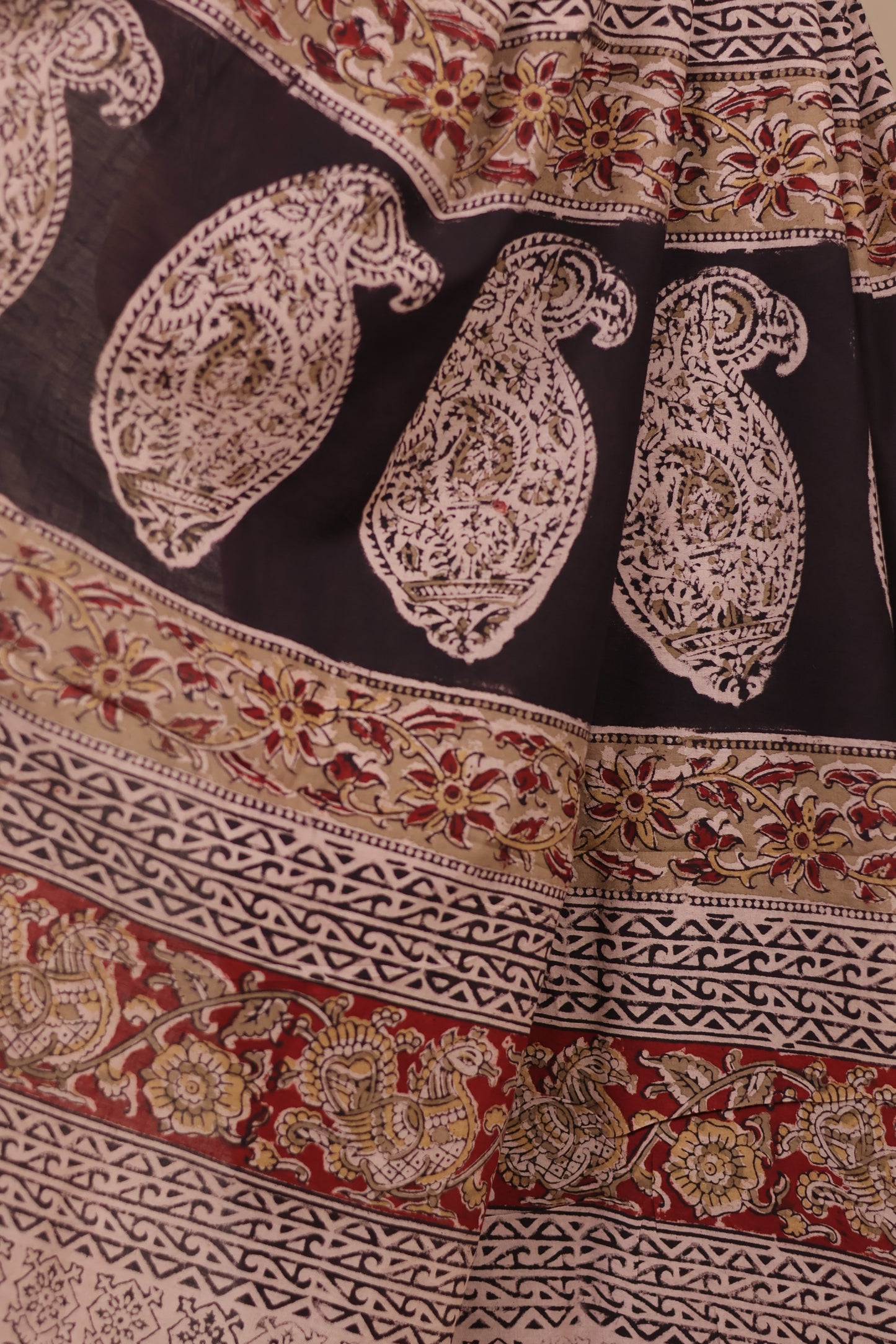 Black Hand Block Printed Kalamkari Cotton Saree | Looms & Tassels