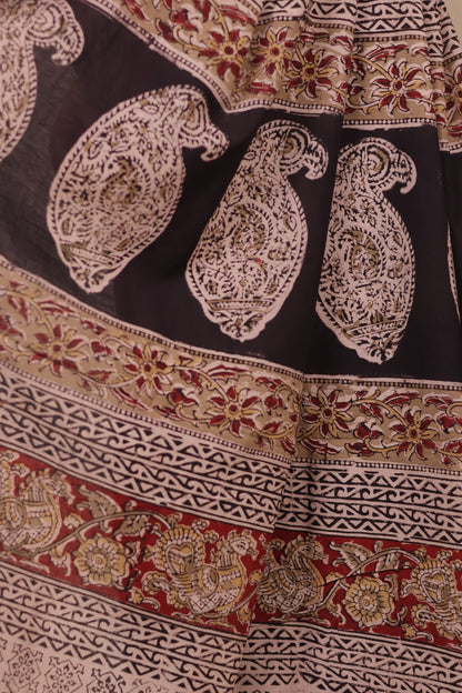 Black Hand Block Printed Kalamkari Cotton Saree | Looms & Tassels