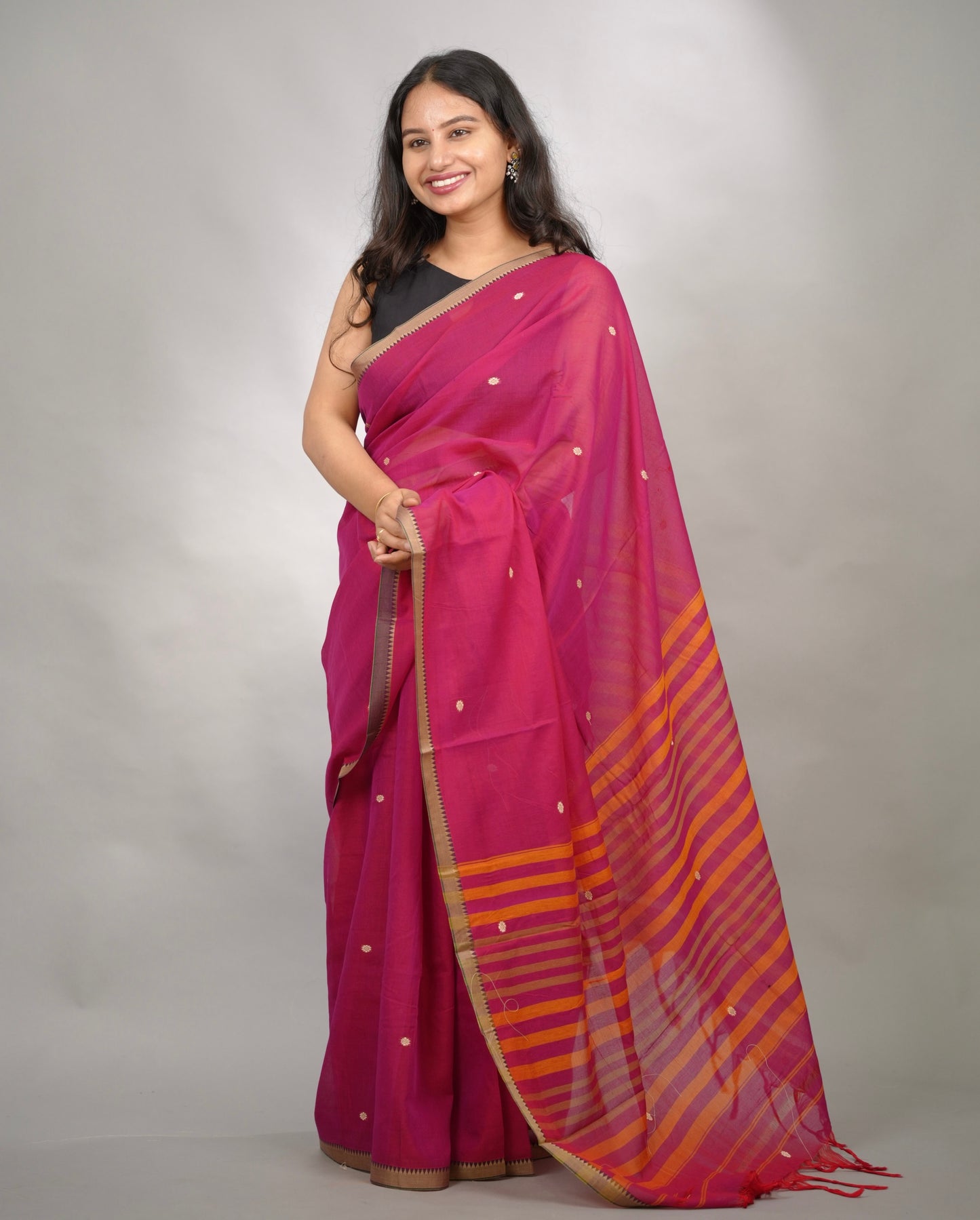 Pink Narayanpet Cotton Saree With Butta Weaving | Looms & Tassels