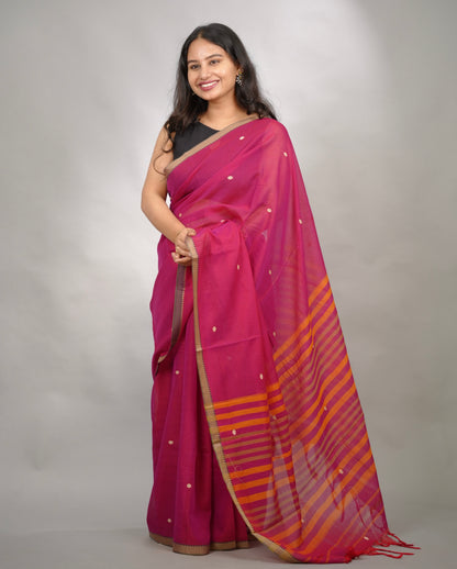 Pink Narayanpet Cotton Saree With Butta Weaving | Looms & Tassels