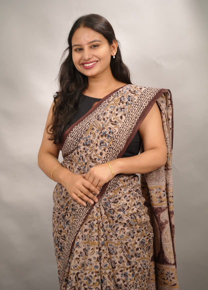 Cream Hand Block Printed Kalamkari Cotton Saree | Looms & Tassels