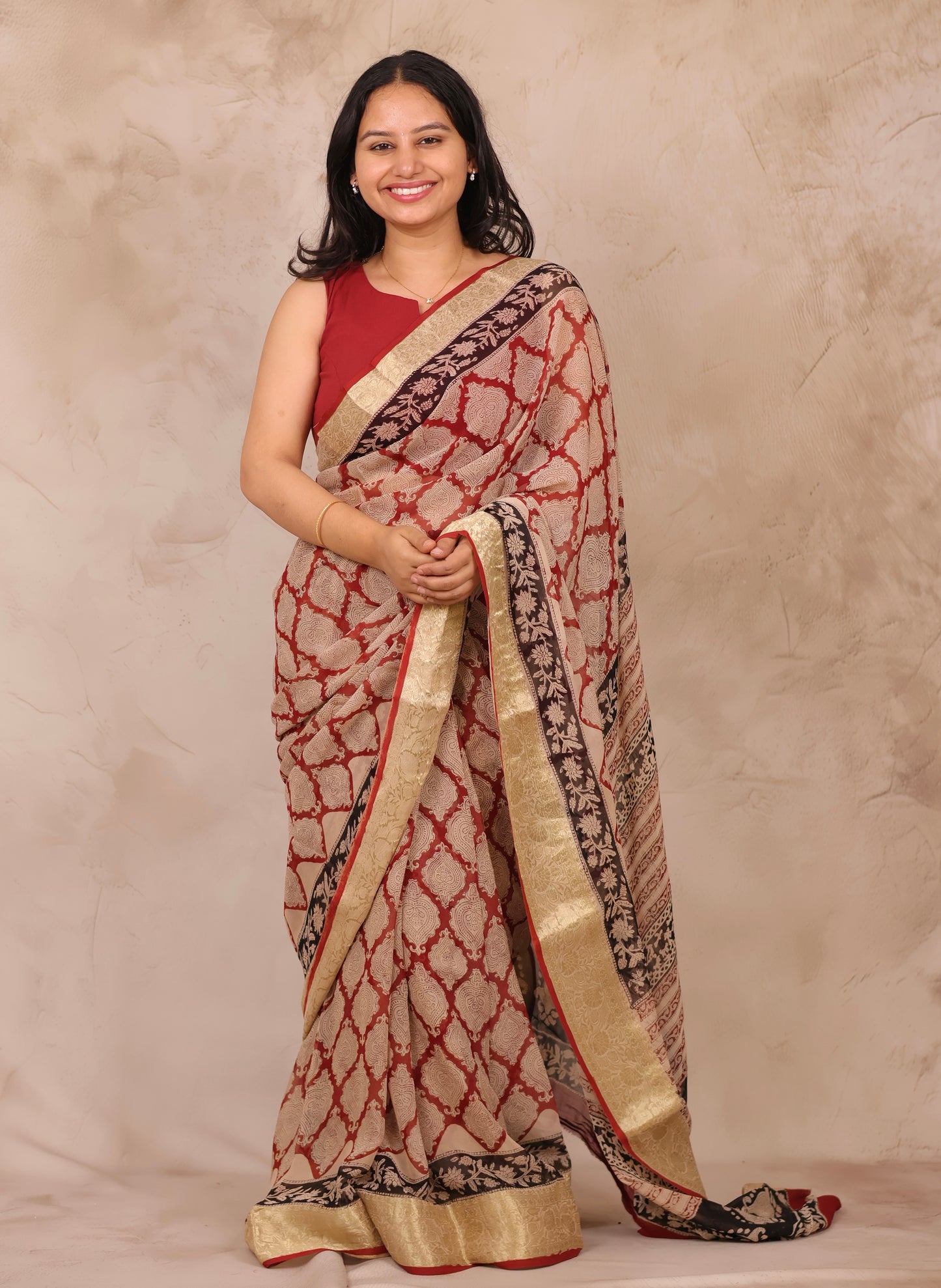 Maroon Chiffon Hand Block Printed Saree with Jari Border | Looms & Tassels