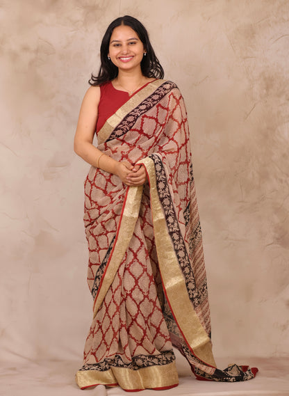 Maroon Chiffon Hand Block Printed Saree with Jari Border | Looms & Tassels