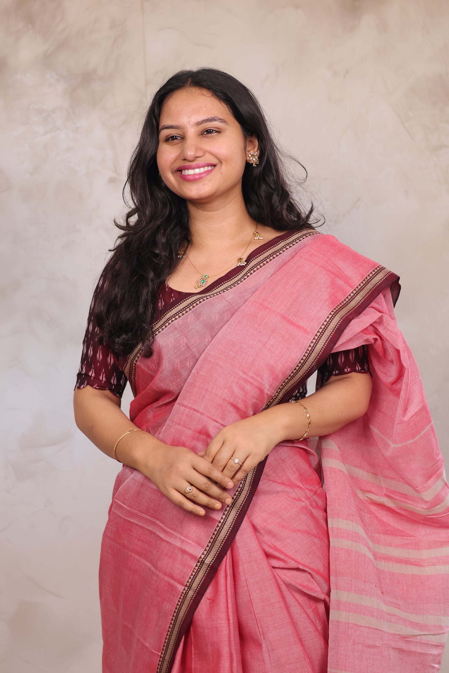 Onion Pink Narayanpet Cotton Saree with Ikkat Blouse Piece | Looms & Tassels