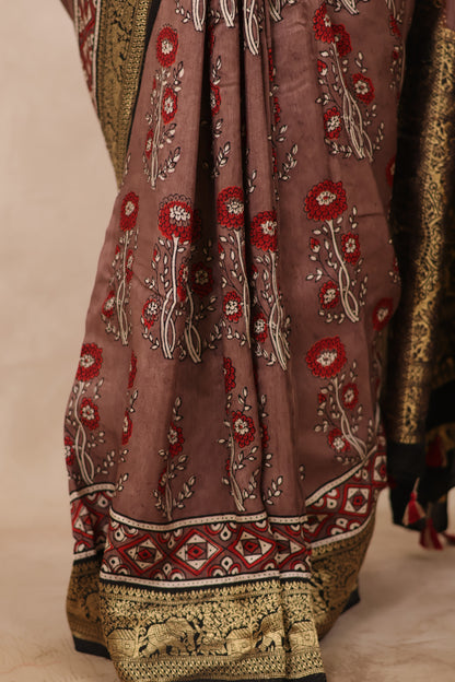 Dusty Brown Ajrakh Handblock printed Dola Silk Saree | Looms & Tassels
