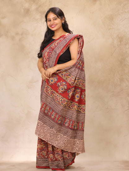 Maroon Hand Block Printed Kalamkari Cotton Saree | Looms & Tassels