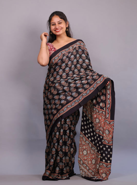 Black Authentic Ajrakh Handblock Printed Modal Silk Saree | Looms & Tassels