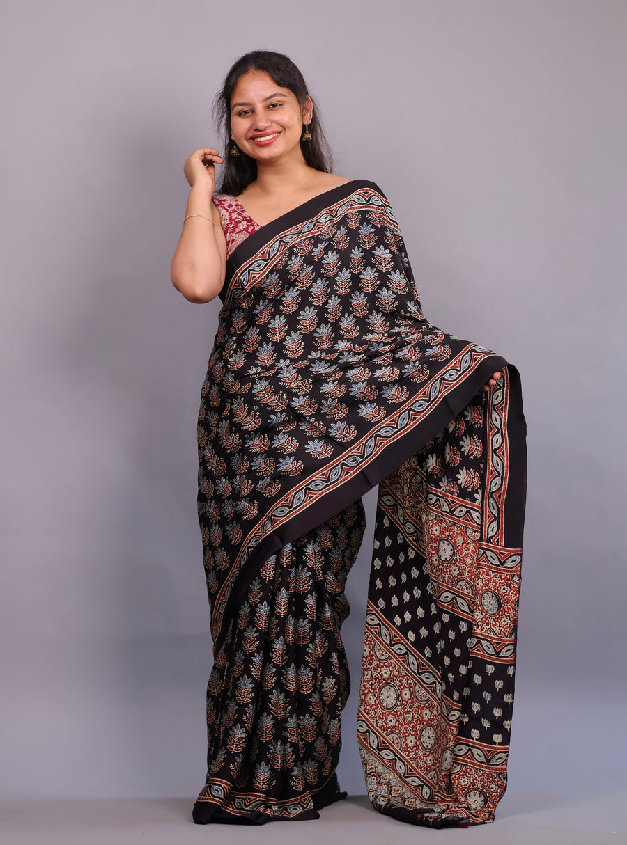 Black Authentic Ajrakh Handblock Printed Modal Silk Saree | Looms & Tassels