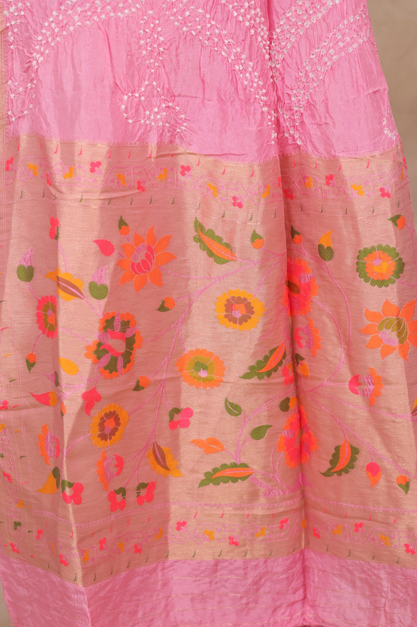 Baby Pink Handcrafted Pattern Bandhani Paithani Dola Silk Saree | Looms & Tassels