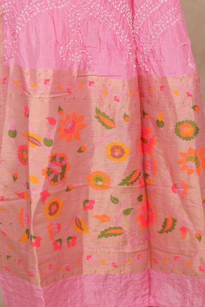 Baby Pink Handcrafted Pattern Bandhani Paithani Dola Silk Saree | Looms & Tassels