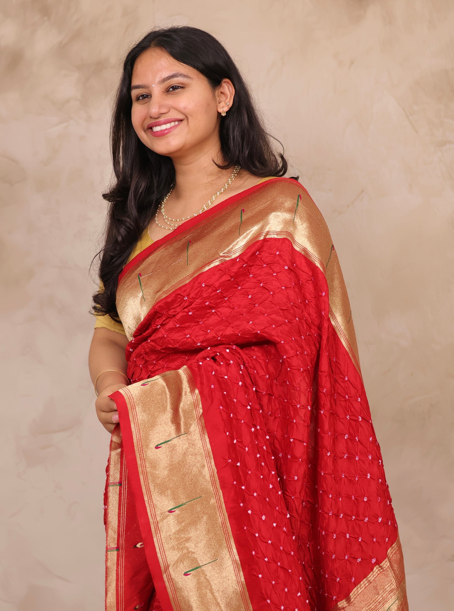 Red Handcrafted Bandhani Paithani Dola Silk Saree | Looms & Tassels