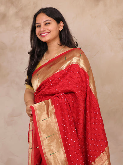 Red Handcrafted Bandhani Paithani Dola Silk Saree | Looms & Tassels