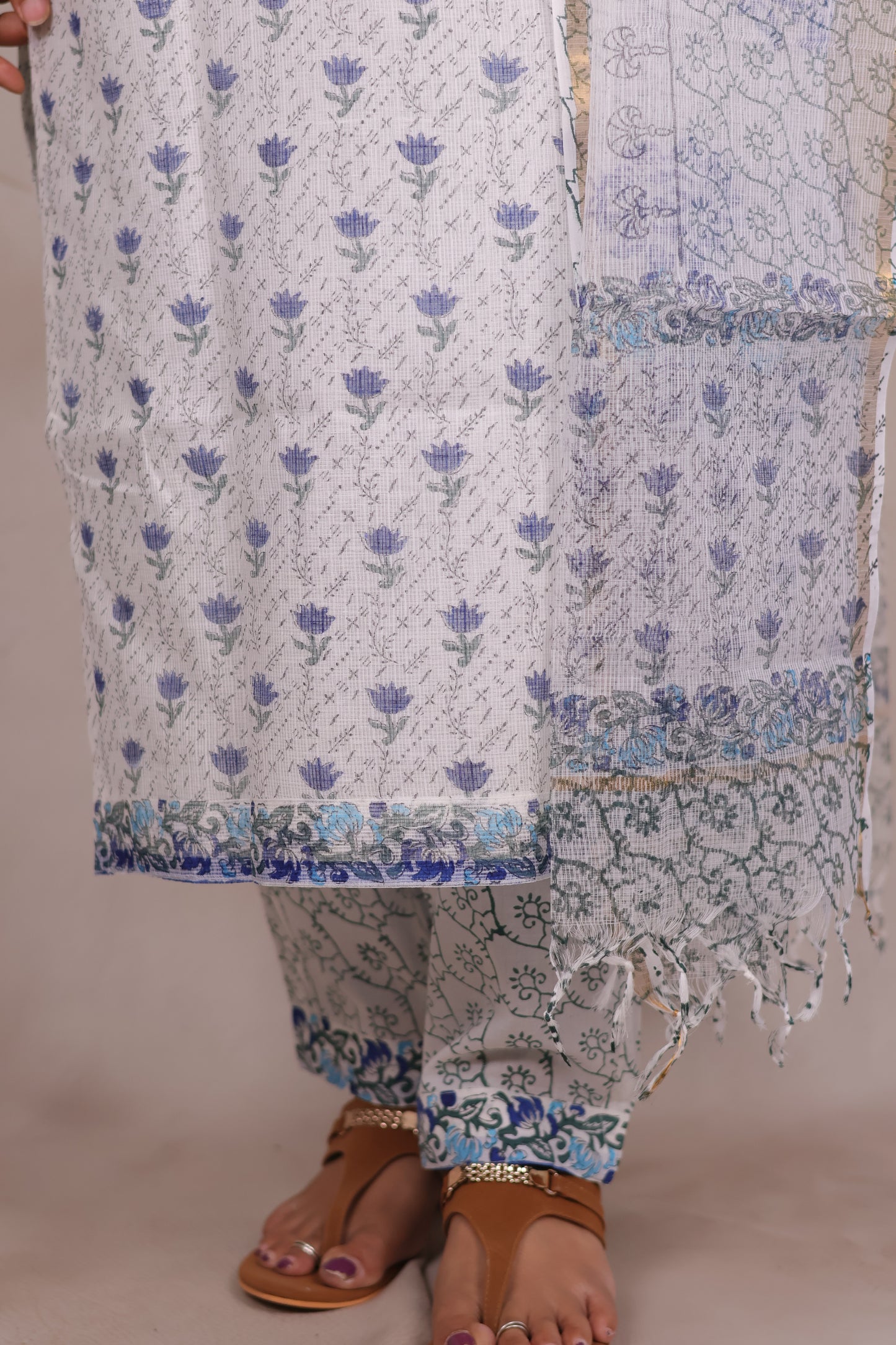 White Sangneri Handblock printed kota 3 piece suit (stitched)