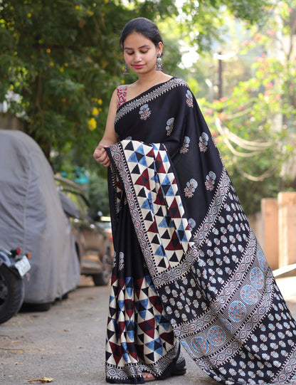 Black Geometrical & Floral Ajrakh Handblock Printed Modal Silk Saree | Looms & Tassels