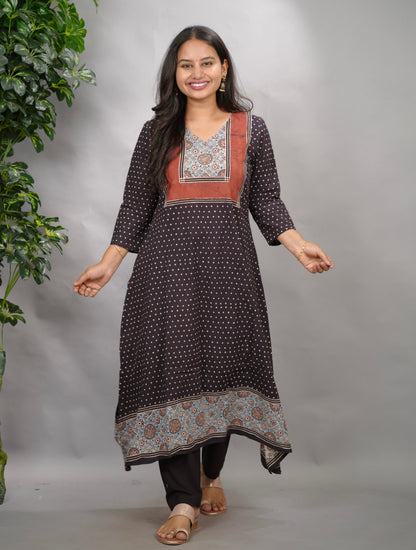 Black Ajrakh Pattern Hand Block printed Aline Kurti | Looms & Tassels