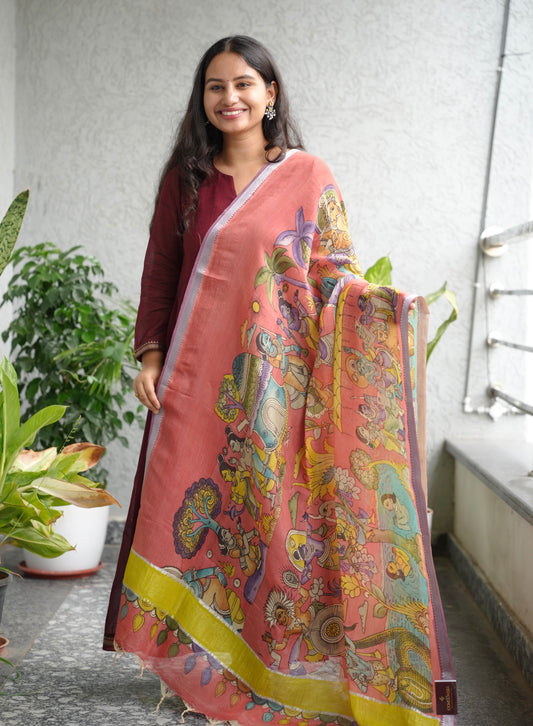 Peach Pen Kalamkari Mangalagiri silk Dupatta