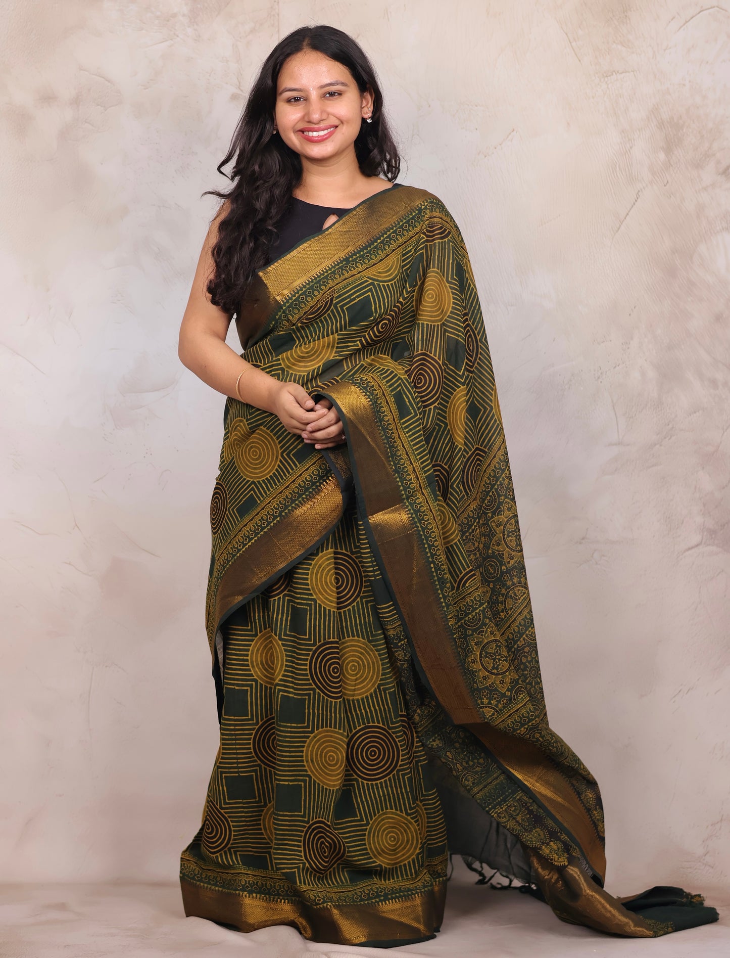 Green Ajrakh Hand Block Printed Mangalagiri Cotton Saree | Looms & Tassels