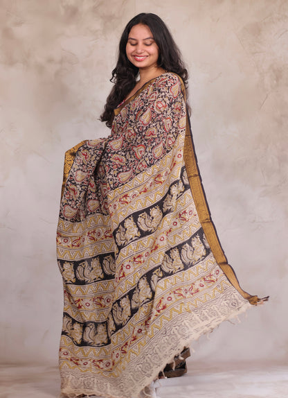 Black Hand Block Printed Kalamkari Kanchi Border Silk Saree