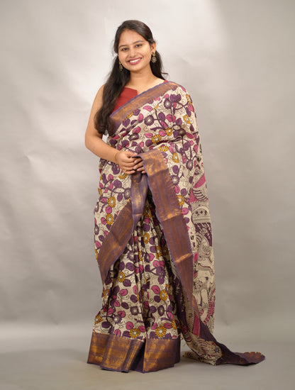 Off White Kanchi border Kalamkari chennur silk saree | Looms & Tassels