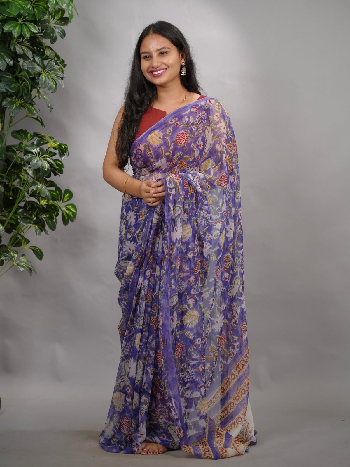 Violet Chiffon Hand Block Printed Saree | Looms & Tassels