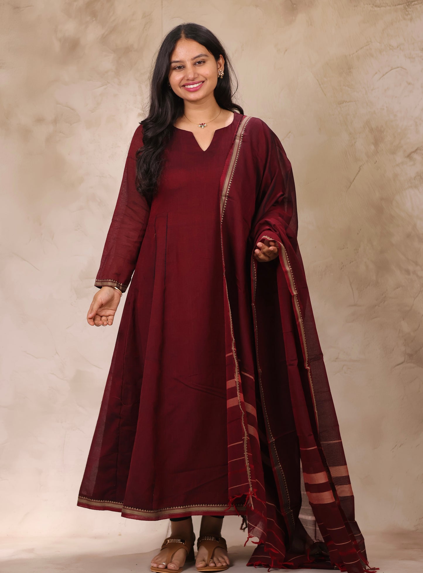 Maroon Narayanpet Cotton Kali Kurta with Narayanpet Dupatta | Looms & Tassels