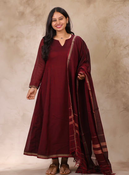 Maroon Narayanpet Cotton Kali Kurta with Narayanpet Dupatta | Looms & Tassels