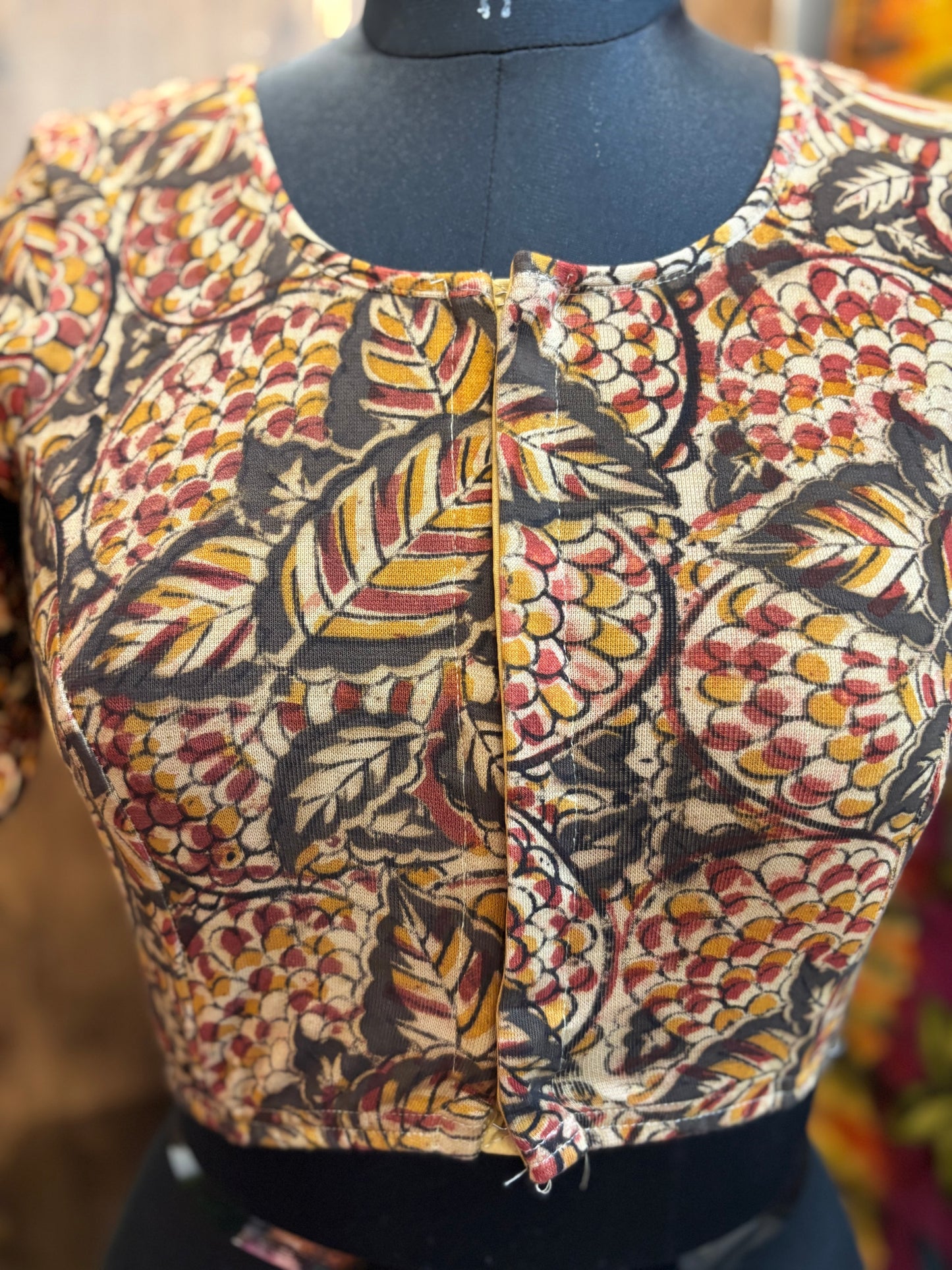 Round neck Stretchable Hand block printed kalamkari blouse with front hooks
