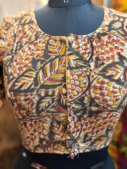 Round neck Stretchable Hand block printed kalamkari blouse with front hooks