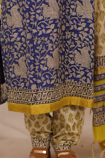 Blue Handblock printed Pure Maheswari Silk 3 piece suit (stitched)