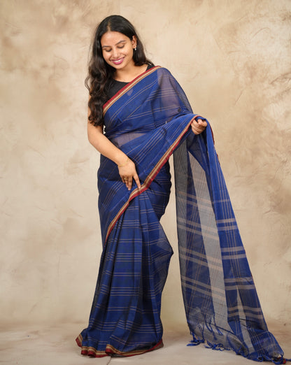 Blue Narayanpet Cotton Saree lines weaving | Looms & Tassels