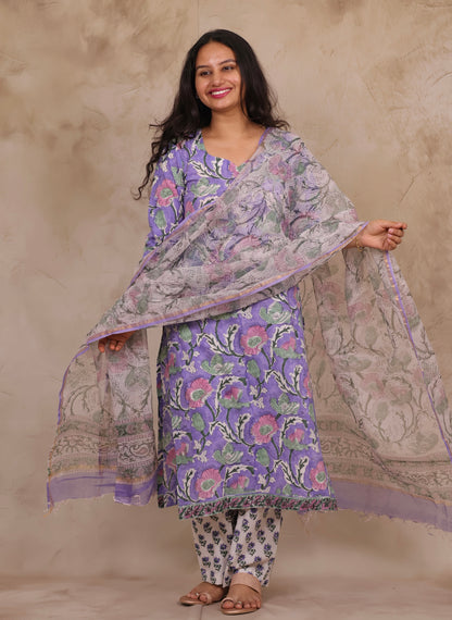 Lavender Handblock printed Pure Mul Cotton with Kota Doria Duppata 3 piece suit (stitched)
