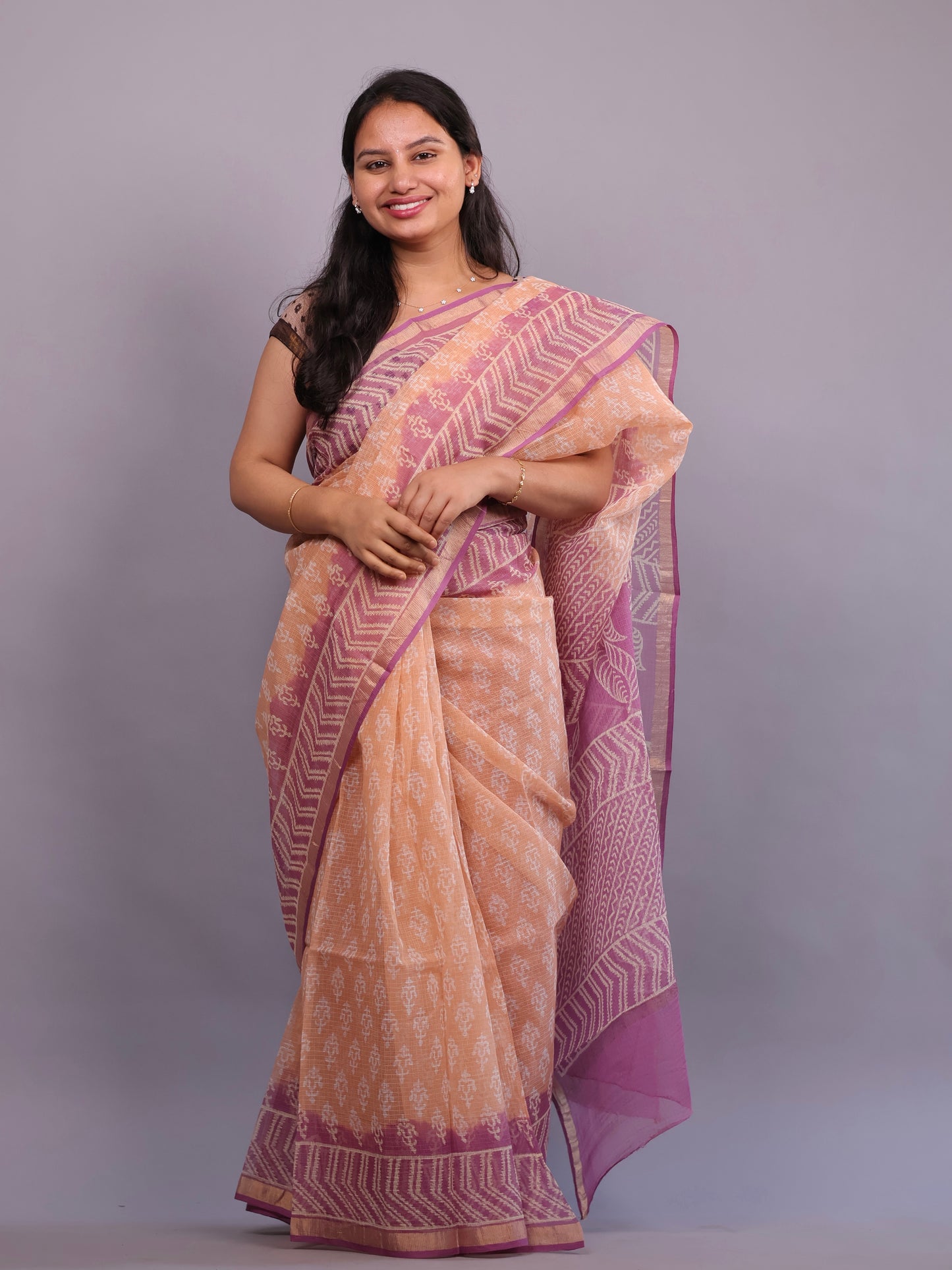 Pure Kota Doria Saree with Bagru Handblock Prints – Peach | Looms&Tassels