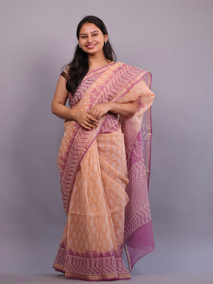 Pure Kota Doria Saree with Bagru Handblock Prints – Peach | Looms&Tassels
