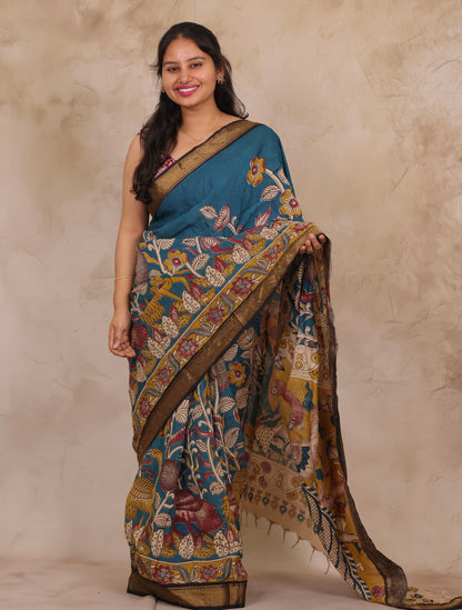 Blue Floral Kalamkari Nizam Border Chennur Silk Saree | Looms & Tassels