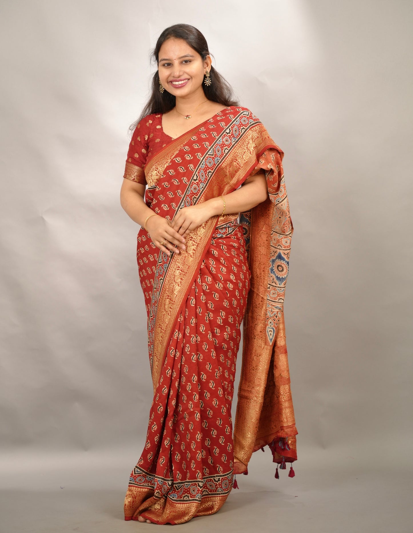 Red Butta Ajrakh Handblock printed Dola Silk Saree | Looms & Tassels
