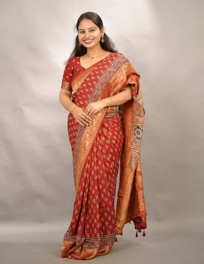 Red Butta Ajrakh Handblock printed Dola Silk Saree | Looms & Tassels