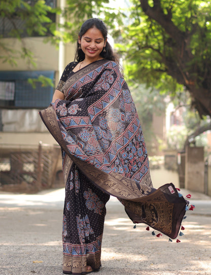 Ajrakh Dola Silk Saree