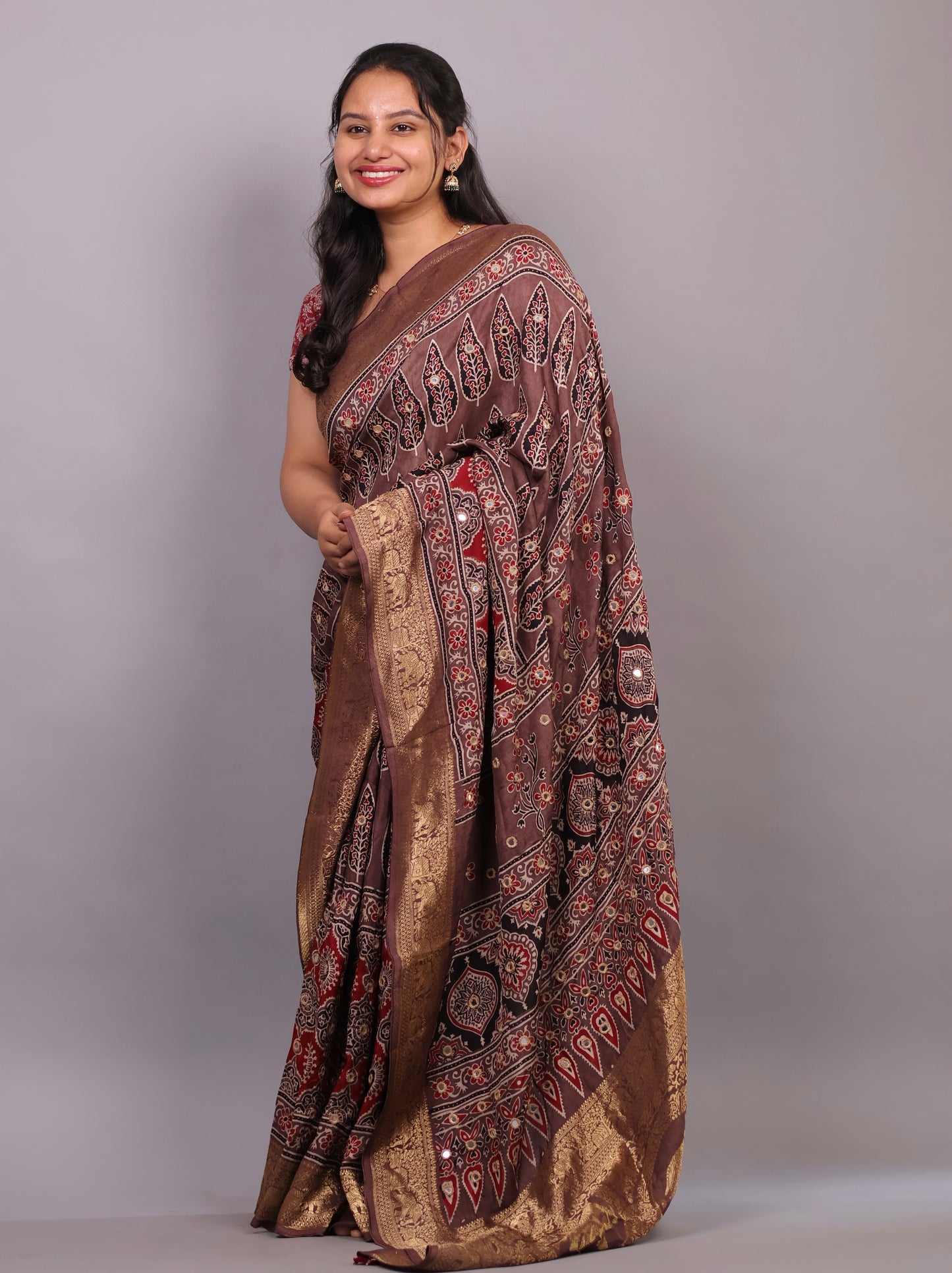 Handcrafted Ajrakh Dola Silk Saree with Authentic Banjara Mirror Work | Looms & Tassel