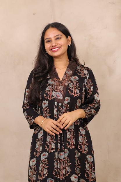 Black Ajrakh Modal Silk Aline Dress | Looms & Tassels